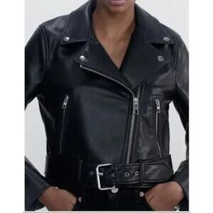 Zara Faux Leather Crop Biker Jacket Women's Small Black Zip Belted Outerwear